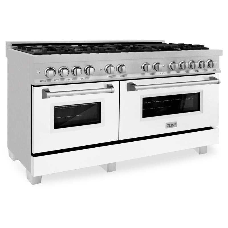 ZLINE 60 in. 7.4 cu. ft. Dual Fuel Range with Gas Stove and Electric Oven in DuraSnow Stainless Steel and Colored Door Options (RAS-60) [Color: DuraSnow Stainless Steel with White Matte Door] - (RASWM60)