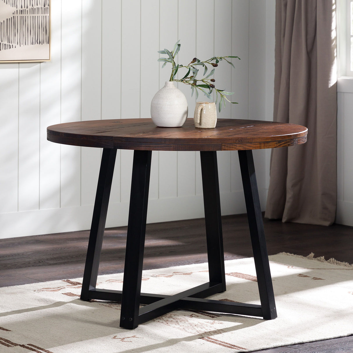 Rustic Distressed Solid Wood Round Dining Table