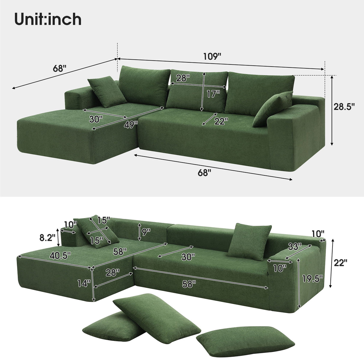 Modular Sectional Living Room Sofa Set, Modern Minimalist Style Couch, Upholstered Sleeper Sofa For Living Room, Bedroom, Salon, 2 Piece Free Combination, L-Shape