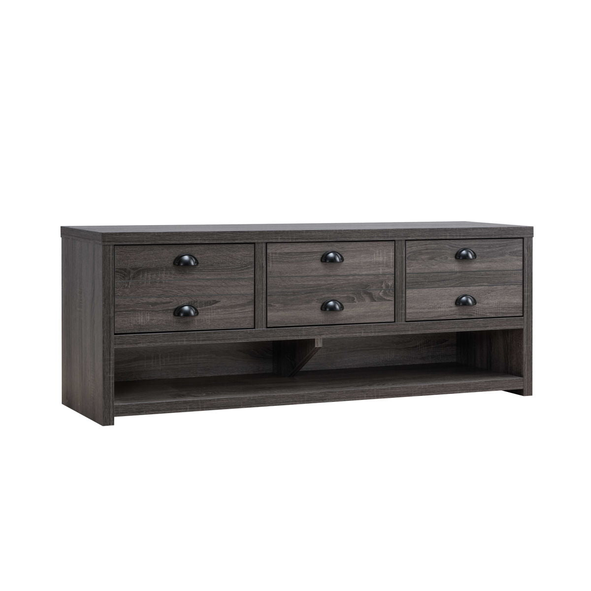 Modern TV Stand With Three Drawers & Open Shelf Stylish Storage Solution For Media Accessories - Distressed Gray