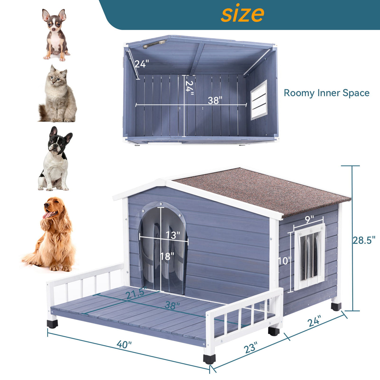 Large Wooden Dog House Indoor Outdoor With Terrace And Open Waterproof Asphalt Roof, Outdoor Dog House With Raised Floor, Windows And Door Curtains, Suitable For Small And Medium Dogs - Gray