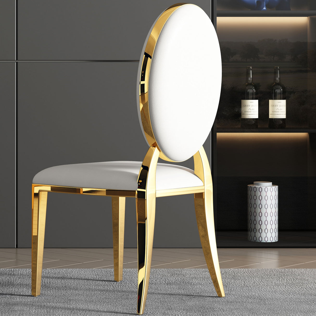 Leatherette Dining Chair (Set of 2), Oval Backrest Design And Stainless Steel Legs - White / Gold