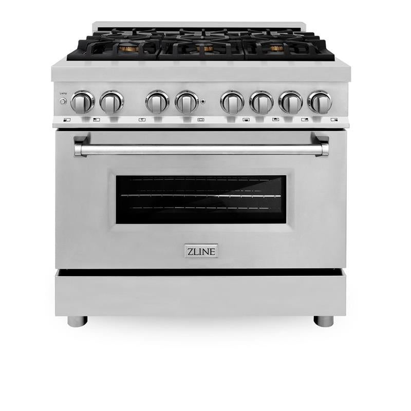 ZLINE 36 in. Dual Fuel Range with Gas Stove and Electric Oven in Stainless Steel (RA36) [Color: Stainless Steel with Brass Burners] - (RABR36)