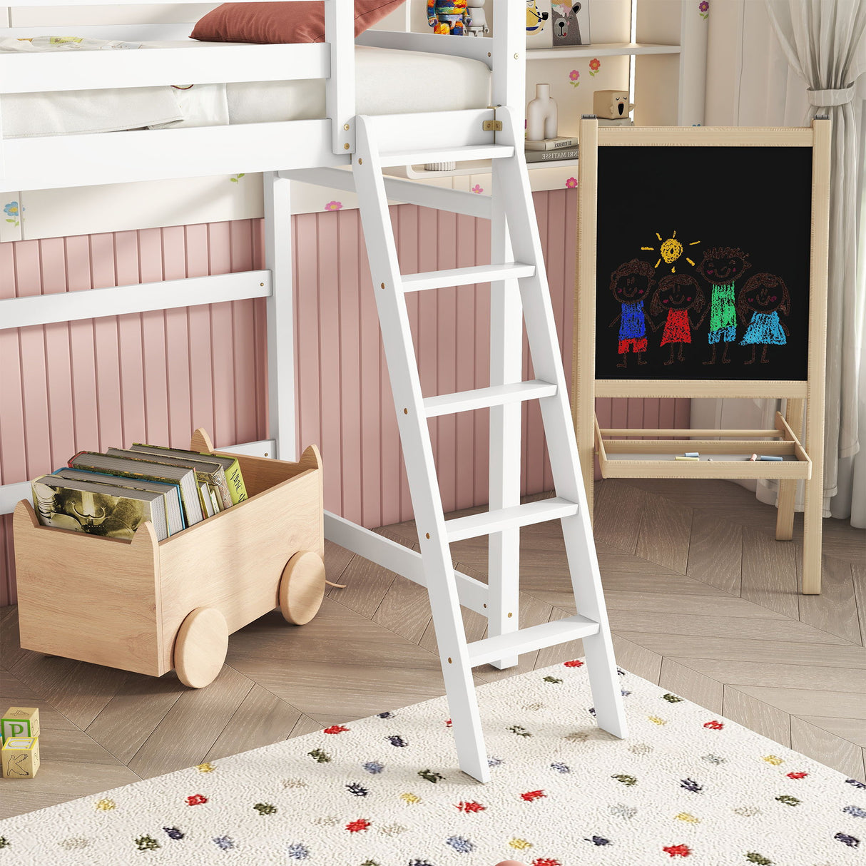 High Loft Bed With Inclined Ladder, Guardrails