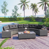 8 Pieces Outdoor Wicker Round Sofa Set, Half-Moon Sectional Sets All Weather, Curved Sofa Set With Rectangular Coffee Table, PE Rattan Water-Resistant And UV Protected, Movable Cushion