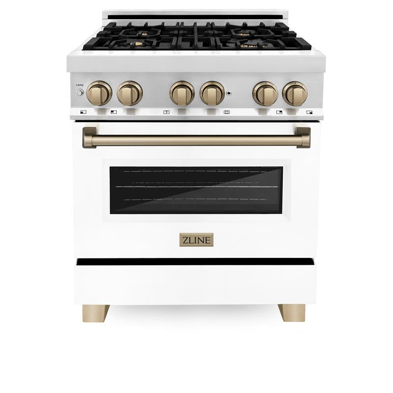 ZLINE Autograph Edition 30 in. 4.0 cu. ft. Dual Fuel Range with Gas Stove and Electric Oven in Stainless Steel with White Matte Door and Accents (RAZ-WM-30) [Color: Champagne Bronze] - (RAZWM30CB)