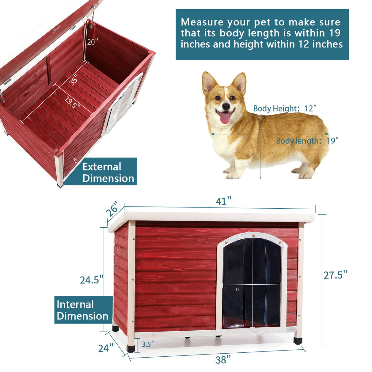 Medium Wooden Outdoor Dog House, Waterproof Roof, Elevated Floor, Adjustable Plastic Feet