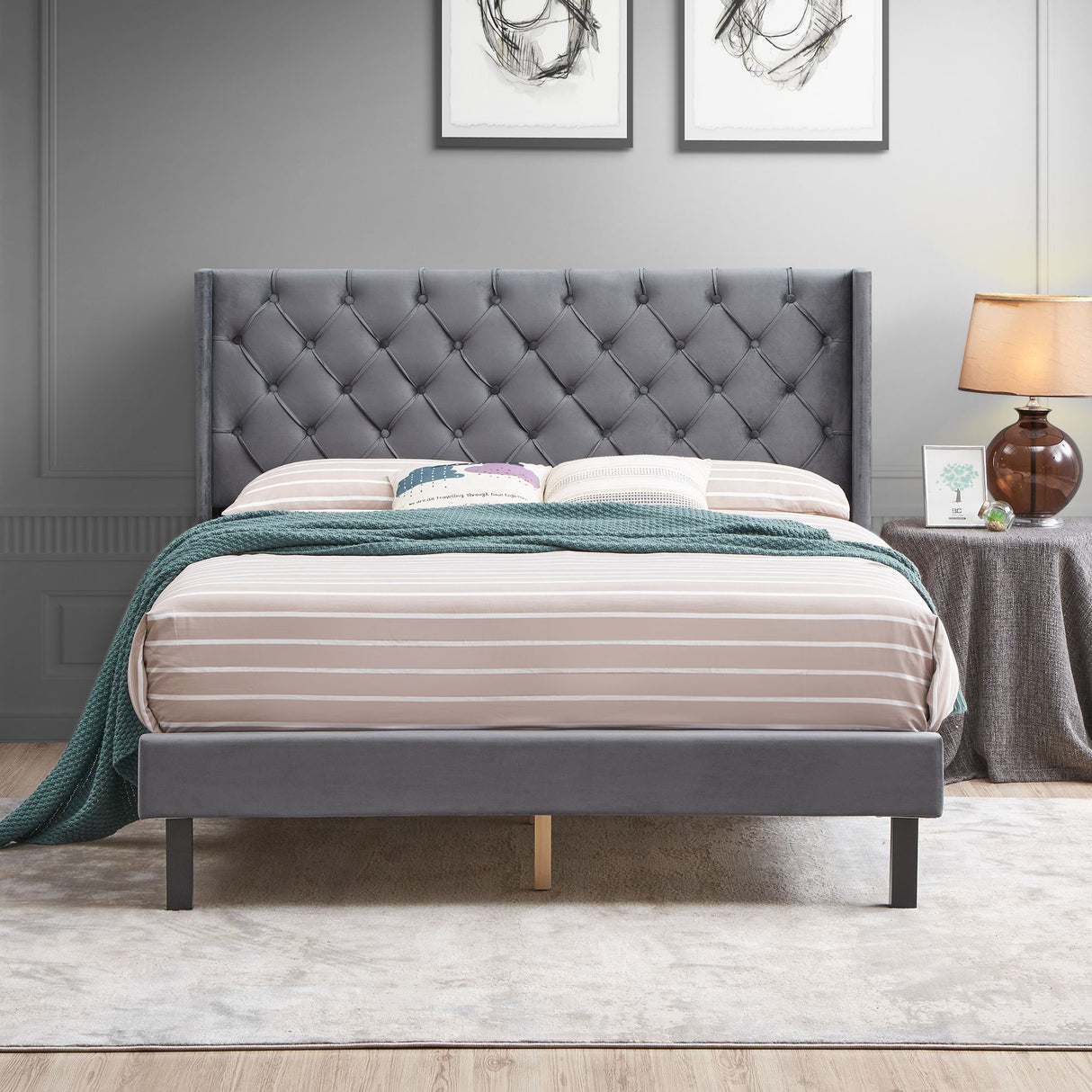 Queen Platform Tufted Upholstered Bed With Wings Design, Strong Wood Slat Support - Gray