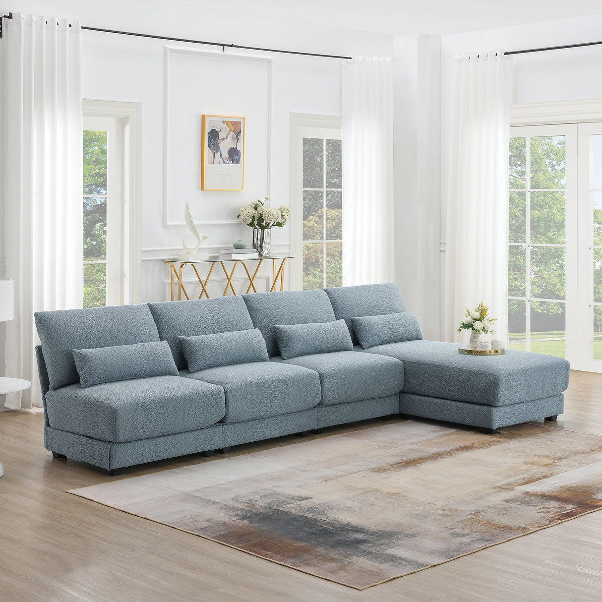 Oversized Deep Seat Sectional Sofa With Reversible Chaise, Loop Yarn Fabric 5-Seat Armless Indoor Furniture, Convertible L-Shaped Couch For Living Room, Apartment