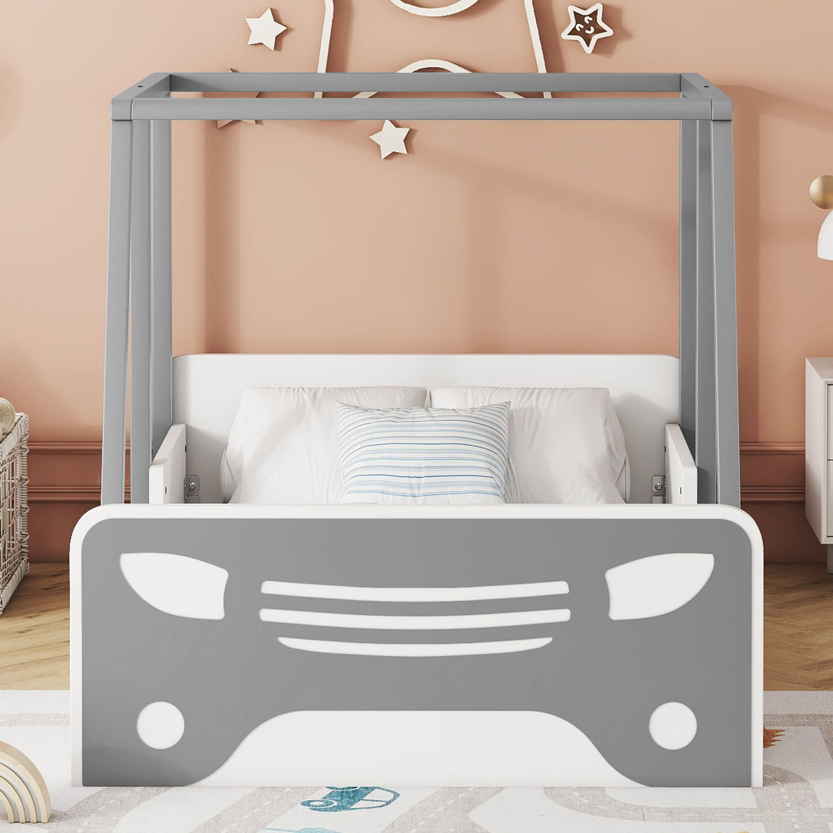 Twin Size Car-Shaped Bed With Roof, Wooden Twin Floor Bed With Wheels And Door Design, Montessori Inspired Bedroom