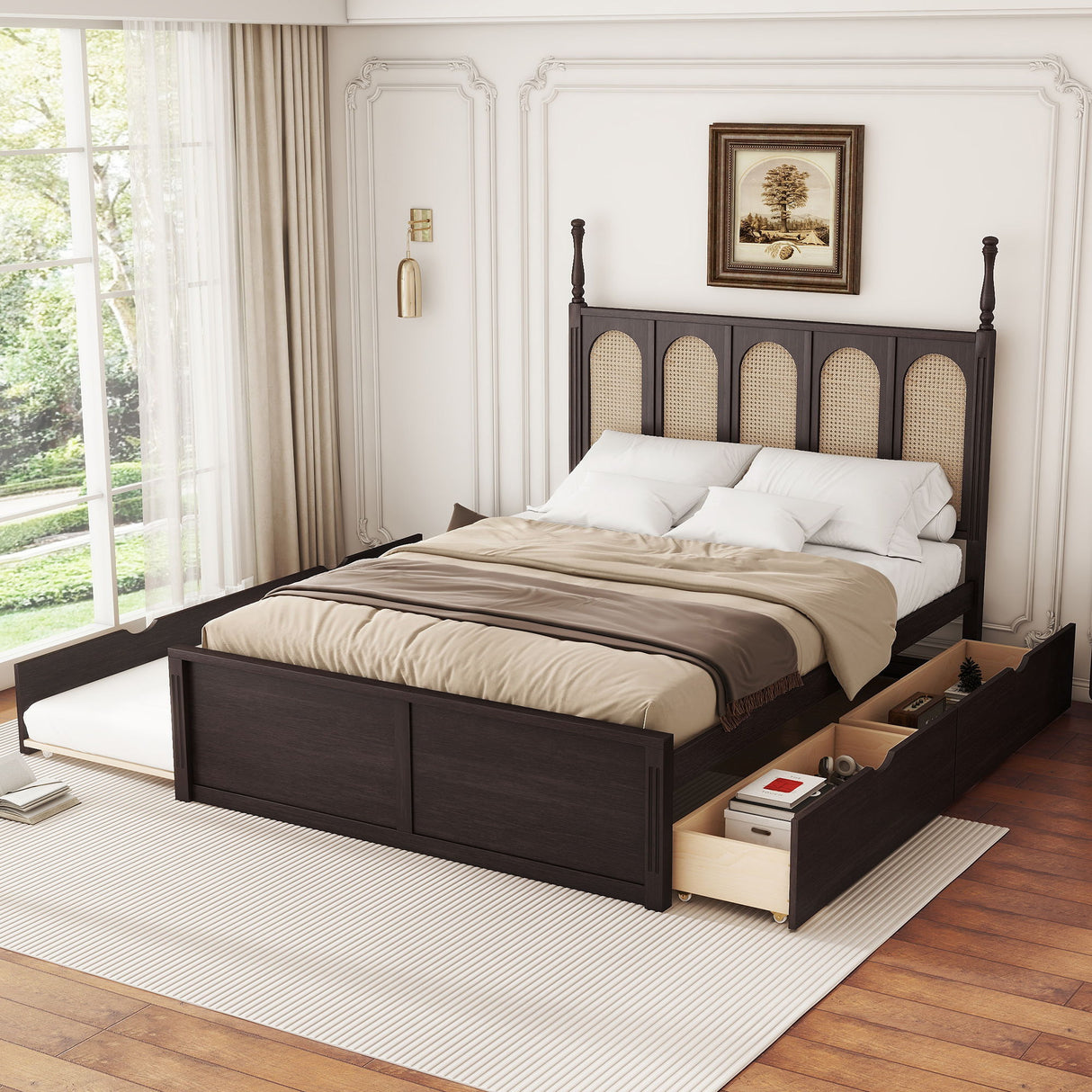 Rattan Platform Bed With With 2 Big Drawers With Trundle