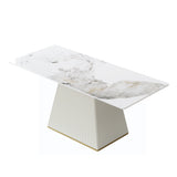 Modern Artificial Stone Pandora Straight Side Panel PU Plywood Table Legs, Can Accommodate 8 People - White / Beige