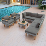 9 Piece Patio Rattan Furniture Set, Outdoor Conversation Set With Acacia Wood Legs And Tabletop, PE Rattan Sectional Sofa Set With Coffee Table, Washable Cushion