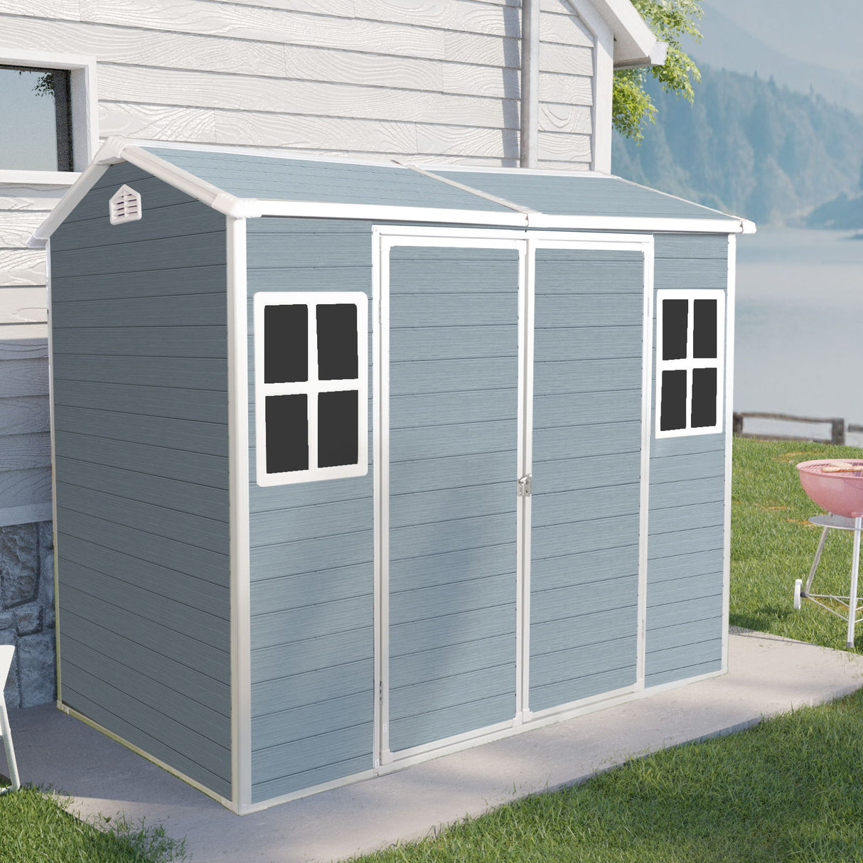 Resin Outdoor Storage Shed With Two - Window And Double - Door, Plastic Shed With Floor For Gargen, Patio, Yard, Lawn