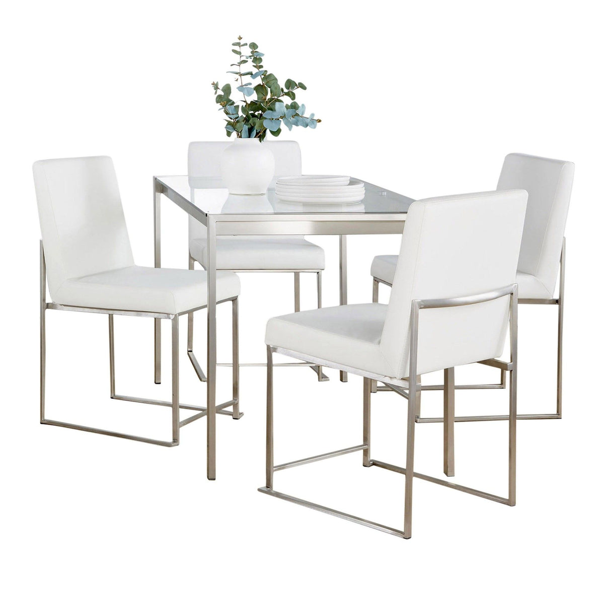 Fuji - Foster Dining Set - Stainless Steel, Clear Glass And Gray Faux Leather (Set of 5)