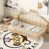 House-Shaped Bedside Floor Bed With Guardrails, Slats, With Door