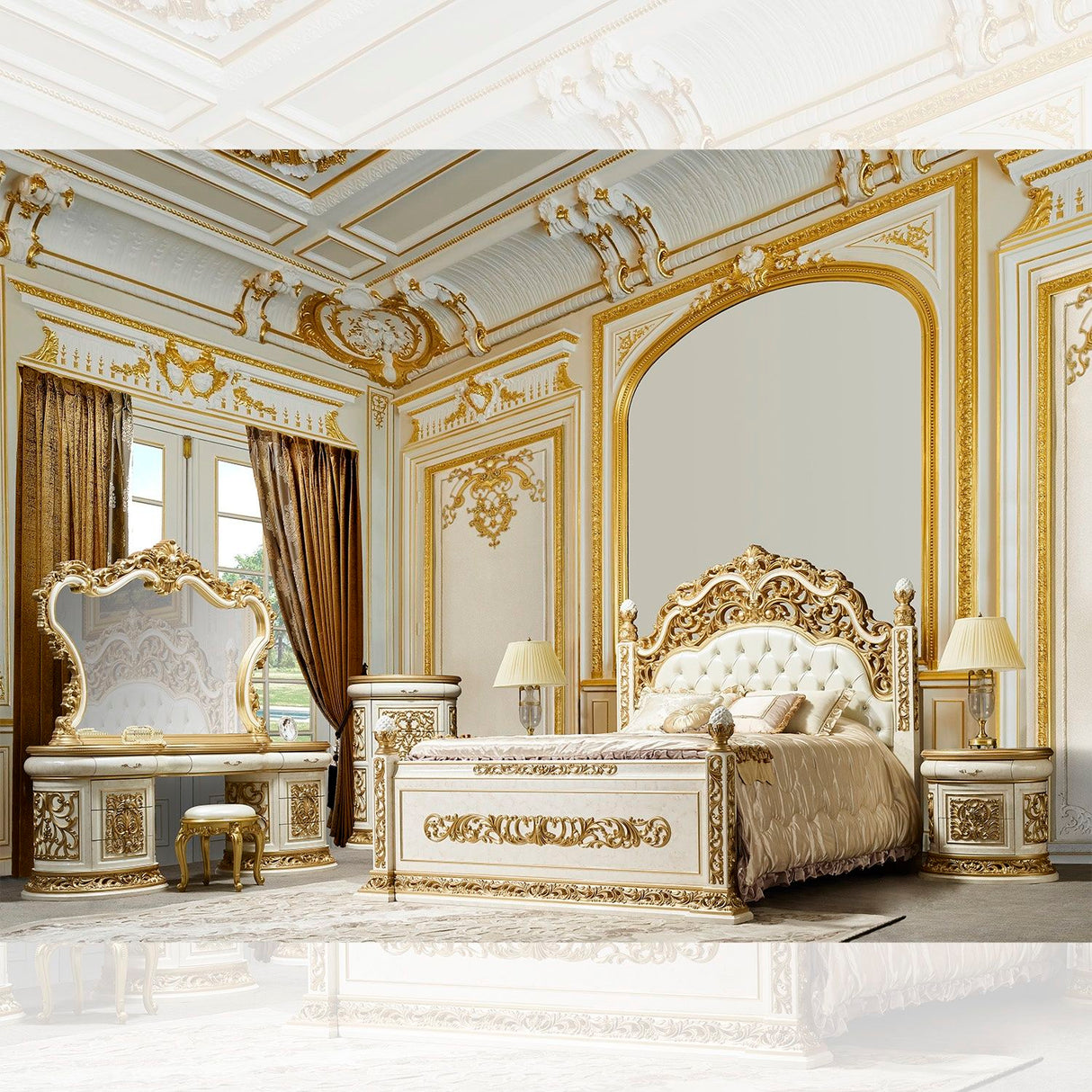 HD-903 - 5 Piece Bedroom Set - Ivory With Gold Highlights