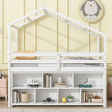 House Loft Bed With Roof Frame, Under Bed Shelving Storage Unit, Guardrails, Ladder