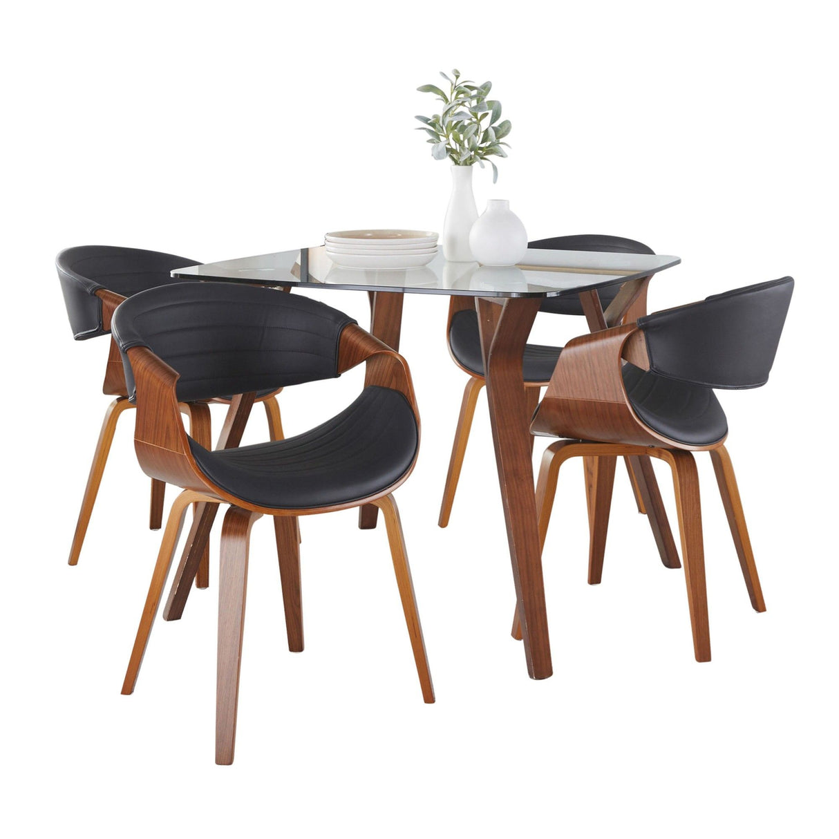 Folia - Symphony Square Dining Set - Walnut Wood With Square Glass Tabletop And Black Faux Leather (Set of 5)