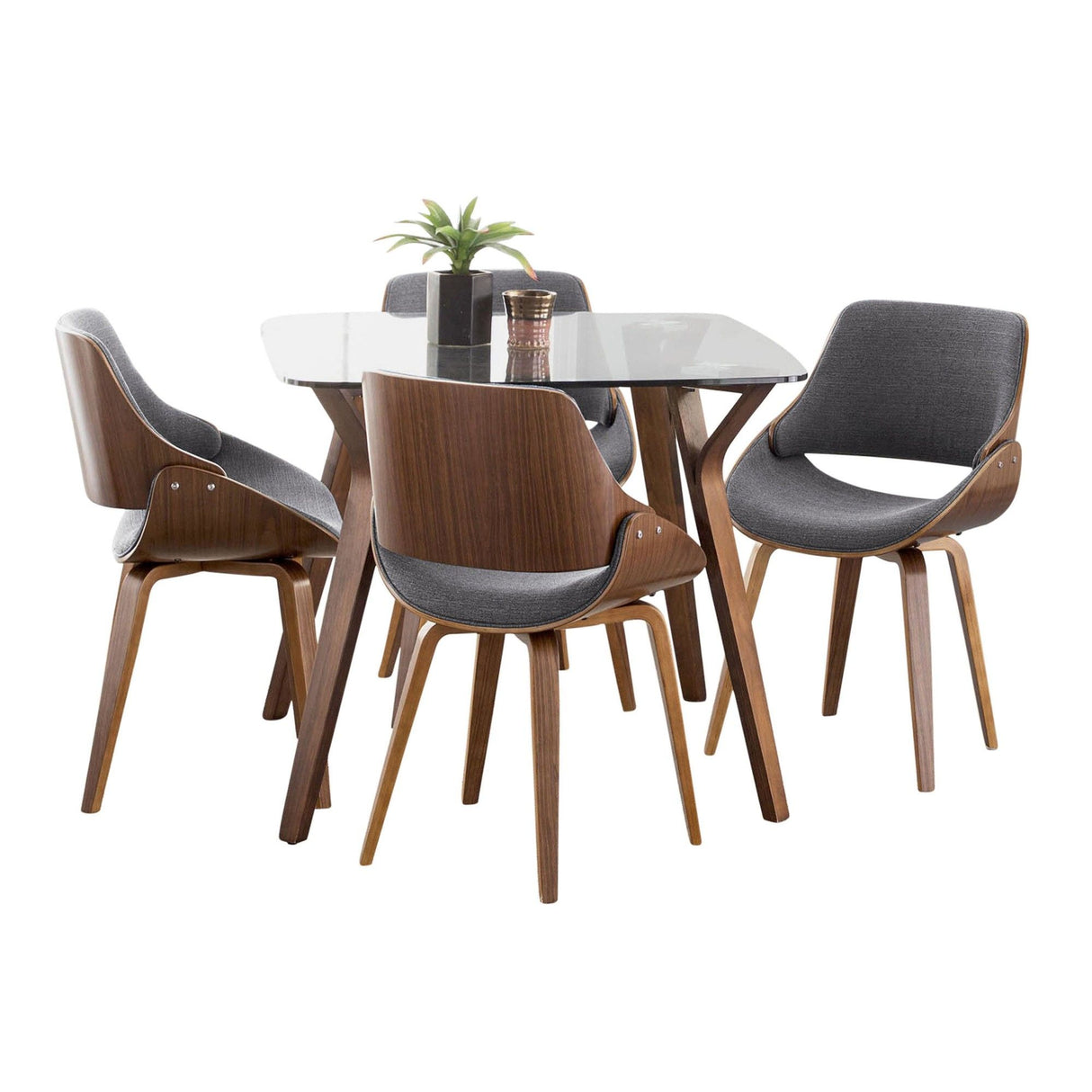 Folia - Square Fabrizzi - Dining Set - Walnut Wood, Round Clear Tempered Glass And Gray Fabric (Set of 5)