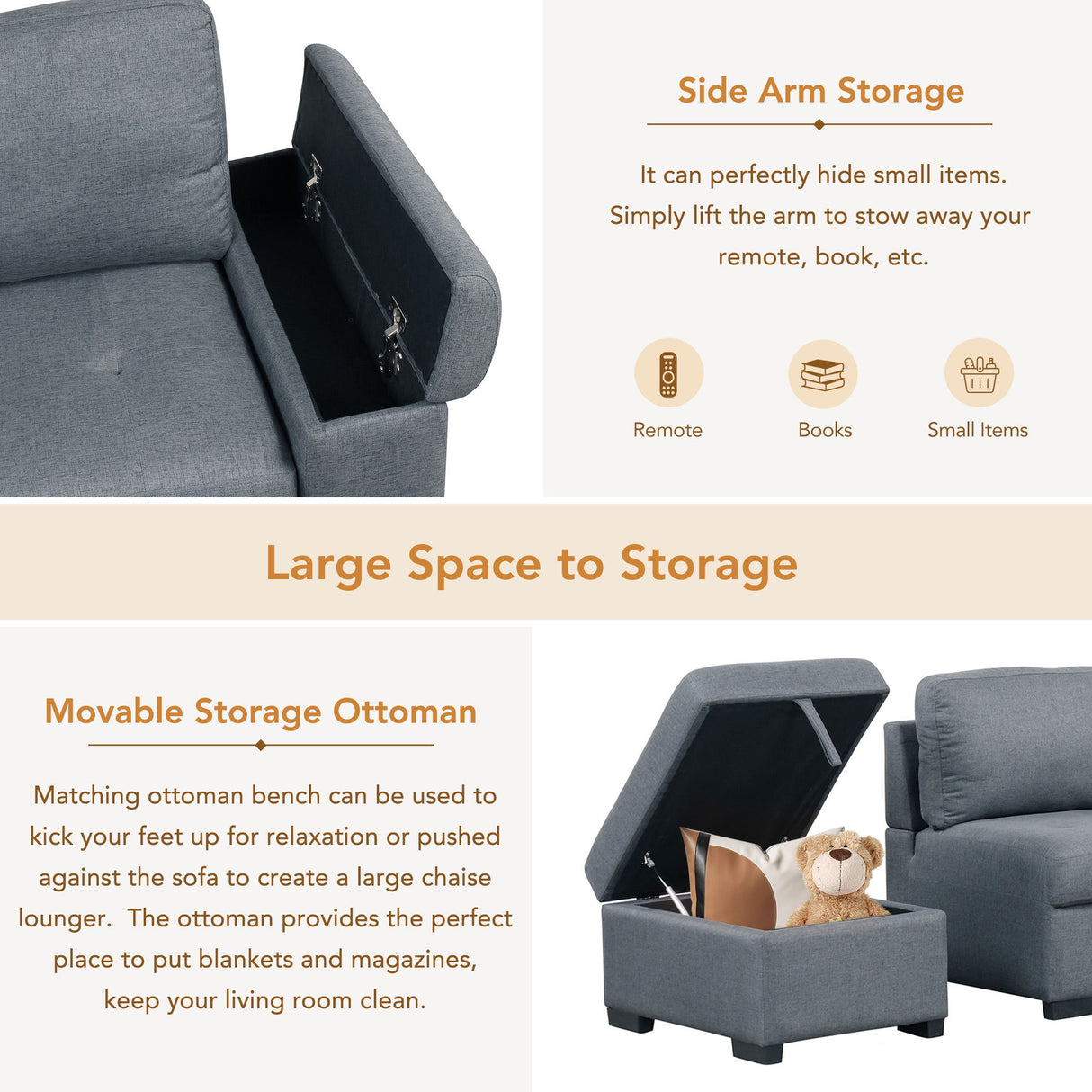 Sleeper Sectional Sofa, L-Shape Corner Couch Sofa Bed With Storage Ottoman & Hidden Arm Storage & USB Charge For Living Room Apartment