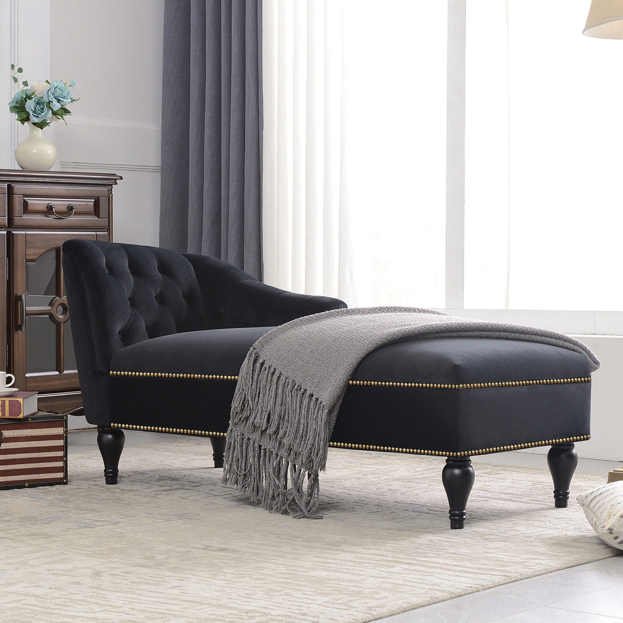 Velvet Chaise Lounge, Button Tufted Right Arm Facing Lounge Chair With Nailhead Trim & Solid Wood Legs For Living Room Or Office, Sleeper Lounge Sofa - Black