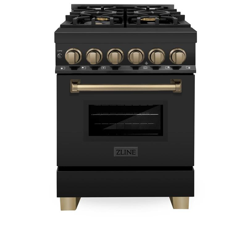 ZLINE Autograph Edition 24" 2.8 cu. ft. Dual Fuel Range with Gas Stove and Electric Oven in Black Stainless Steel with Polished Gold Accents (RABZ-24) [Color: Champagne Bronze Accents] - (RABZ24CB)