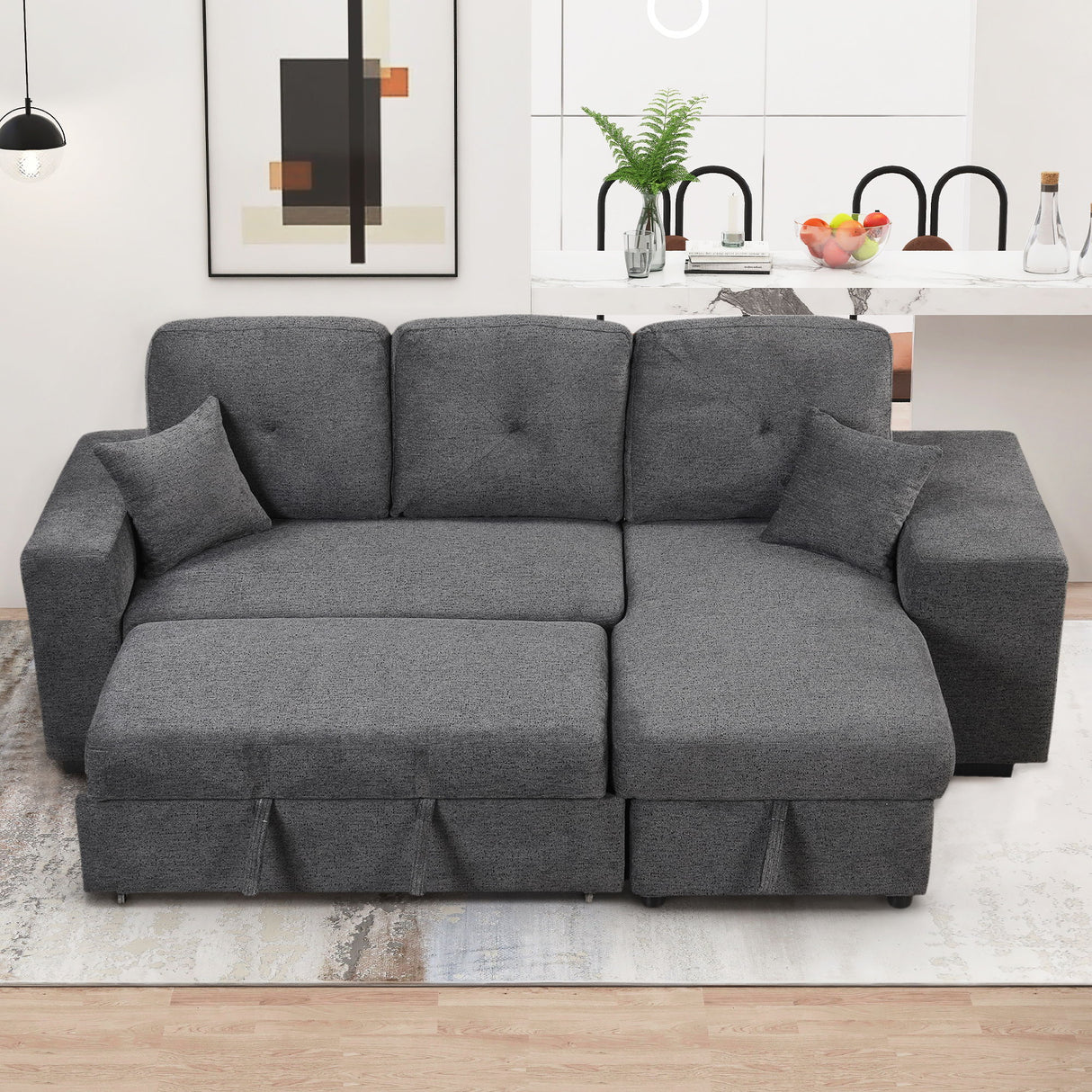 Reversible Sleeper Sectional Sofa Bed With Side Shelf And 2 Stools, Pull-Out L-Shaped Sofa Bed, Corner Sofa-Bed With Storage Chaise Left / Right Hande For Living Room