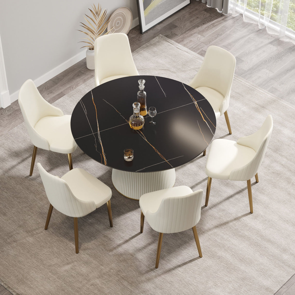 Modern Artificial Stone Round Plywood PU Base Dining Table, Can Accommodate 6 People, (Not Including Chairs) - Black / Beige