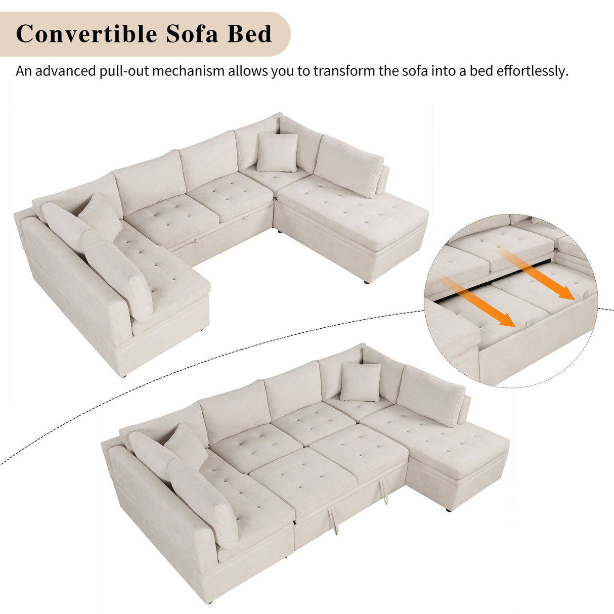 Oversized Sectional Sofa U-Shaped Sofa Couch Pull-Out Sofa Bed With Two Throw Pillows For Living Room