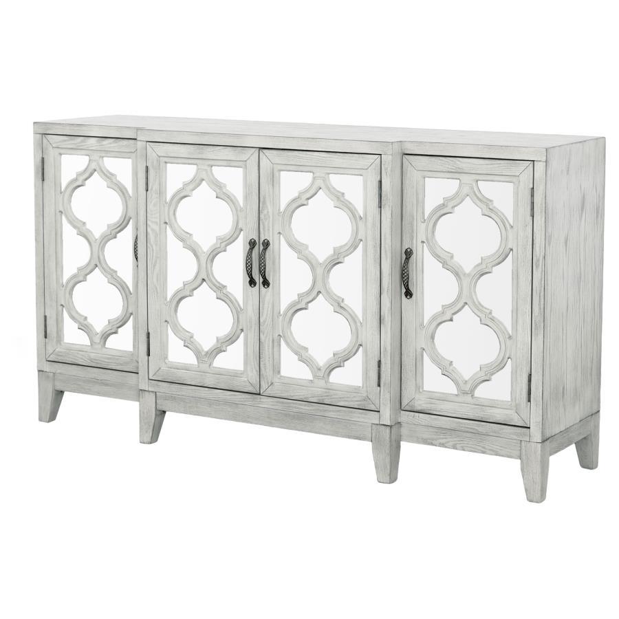 Mckellen - 4 Door Wood Trellis Accent Cabinet - Distressed White