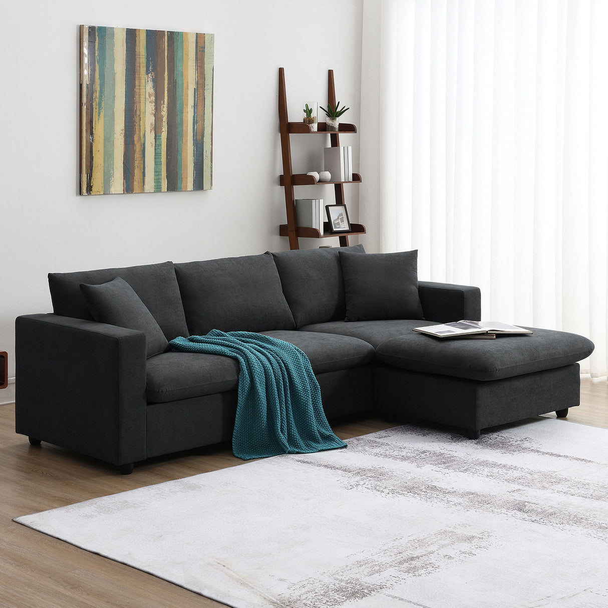 Modern Sectional Sofa, L-Shaped Couch Set With 2 Free Pillows, 4-Seat Polyester Fabric Couch Set With Convertible Ottoman For Living Room, Apartment, Office