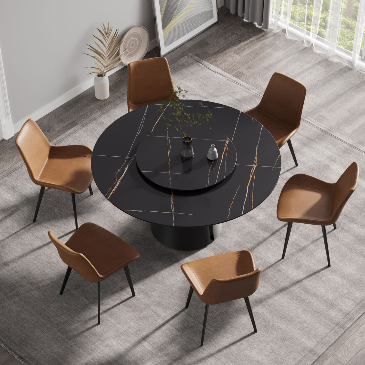 53.15" Round Modern Artificial Stone Carbon Steel Base Dining Table, Can Accommodate 6 People - Black / Gold