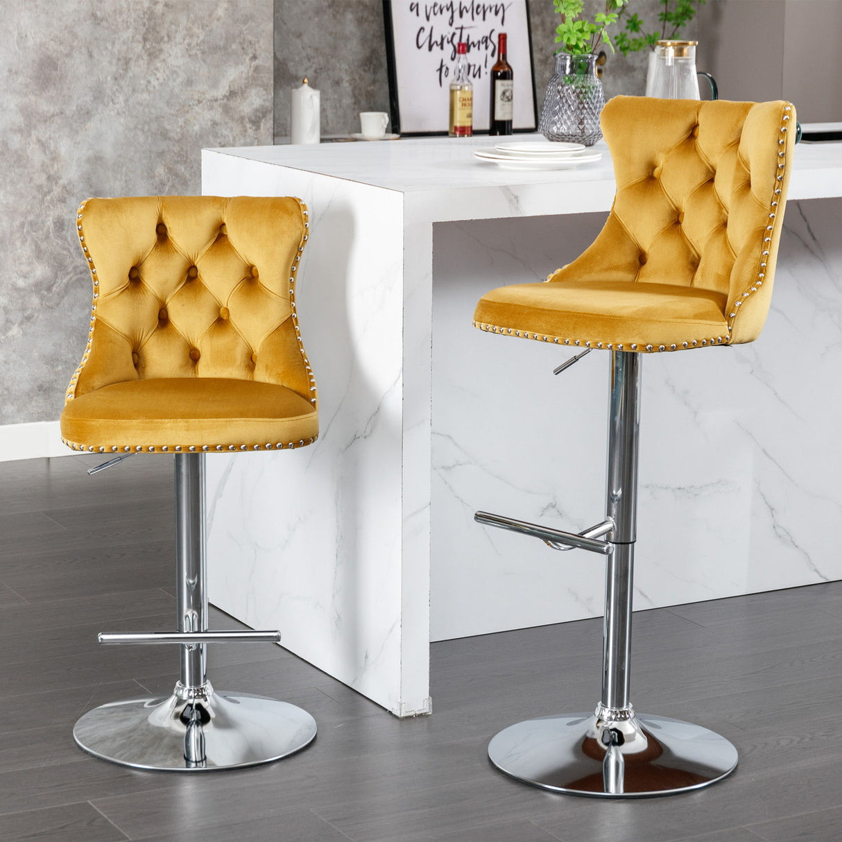 Swivel Velvet Barstools Adjusatble Seat Height From 25-33", Modern Upholstered Chrome Base Bar Stools With Backs Comfortable Tufted For Home Pub And Kitchen Island (Set of 2)