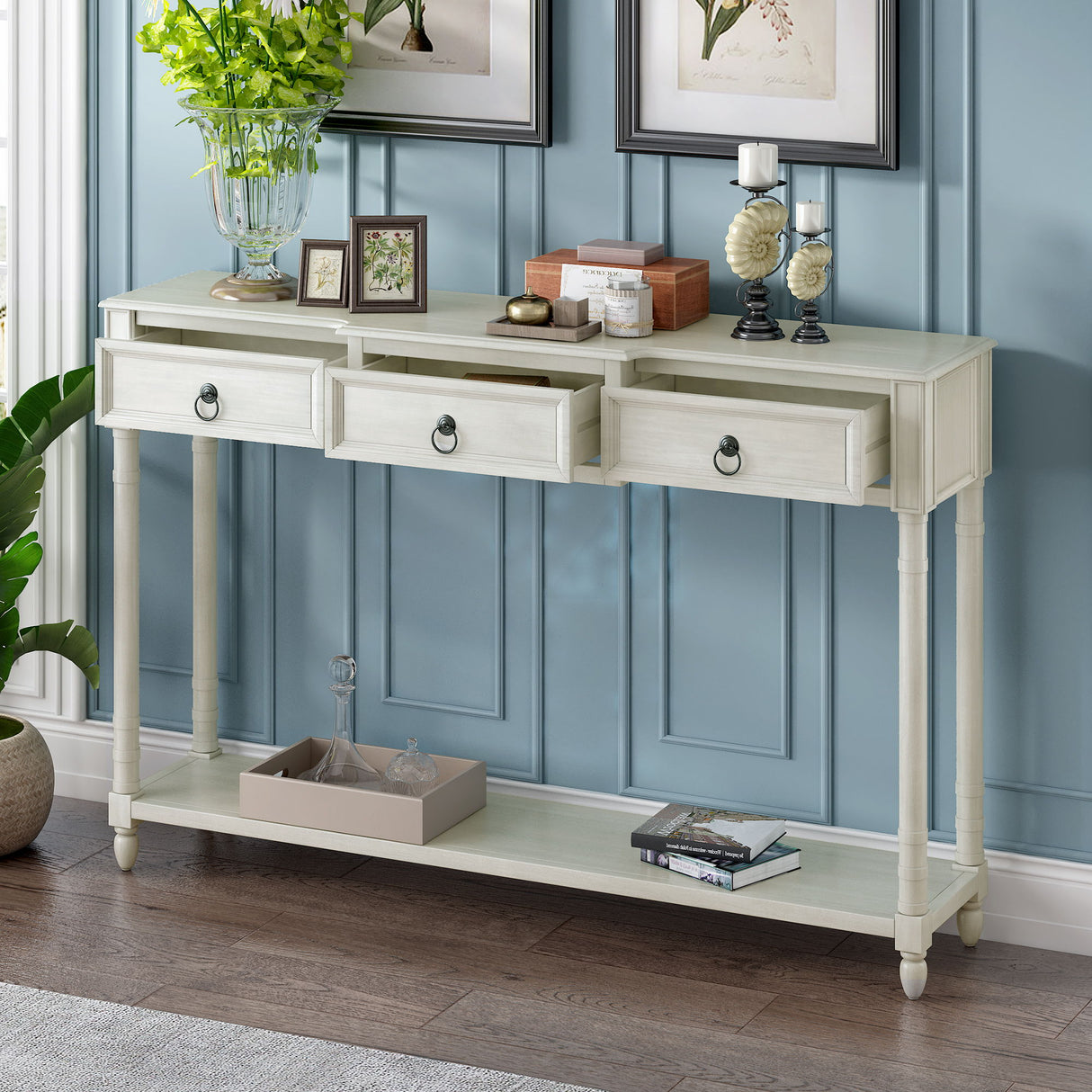 Console Table Sofa Table With Drawers For Entryway With Projecting Drawers And Long Shelf