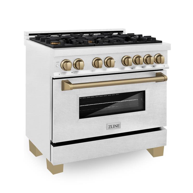 ZLINE Autograph Edition 36 in. 4.6 cu. ft. Dual Fuel Range with Gas Stove and Electric Oven in DuraSnow Stainless Steel with Accents (RASZ-SN-36) [Color: Champagne Bronze] - (RASZSN36CB)