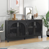 Large Storage Space Sideboard With Artificial Rattan Door And Metal Handles For Living Room And Entryway - Black