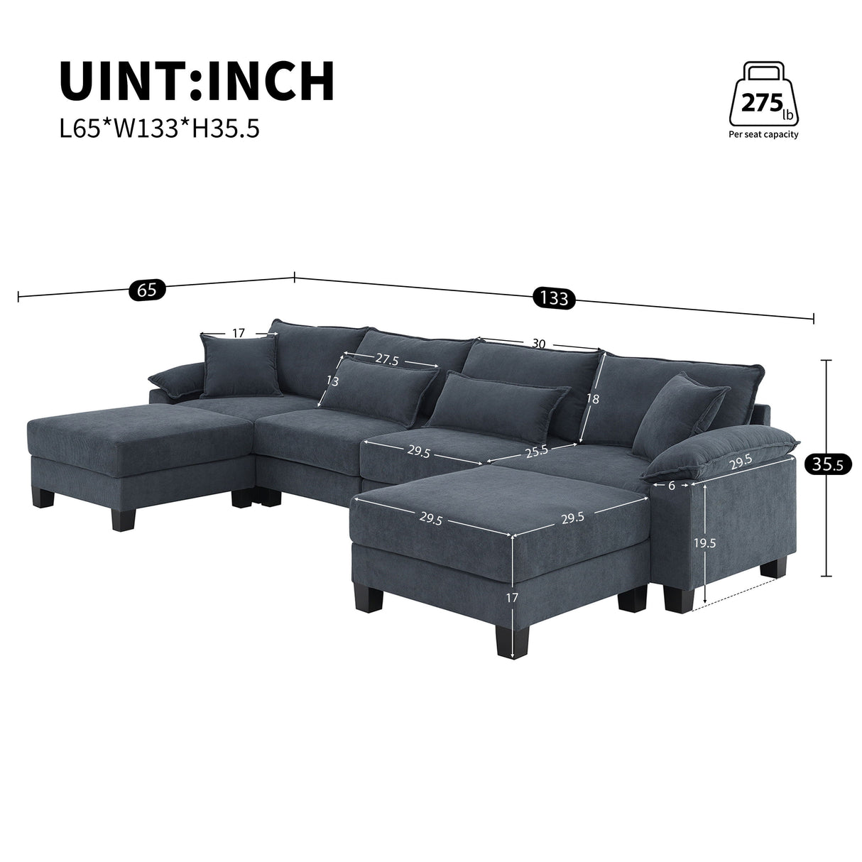 Corduroy Modular Sectional Sofa, U Shaped Couch With Armrest Bags, 6 Seat Freely Combinable Sofa Bed, Comfortable And Spacious Indoor Furniture For Living Room