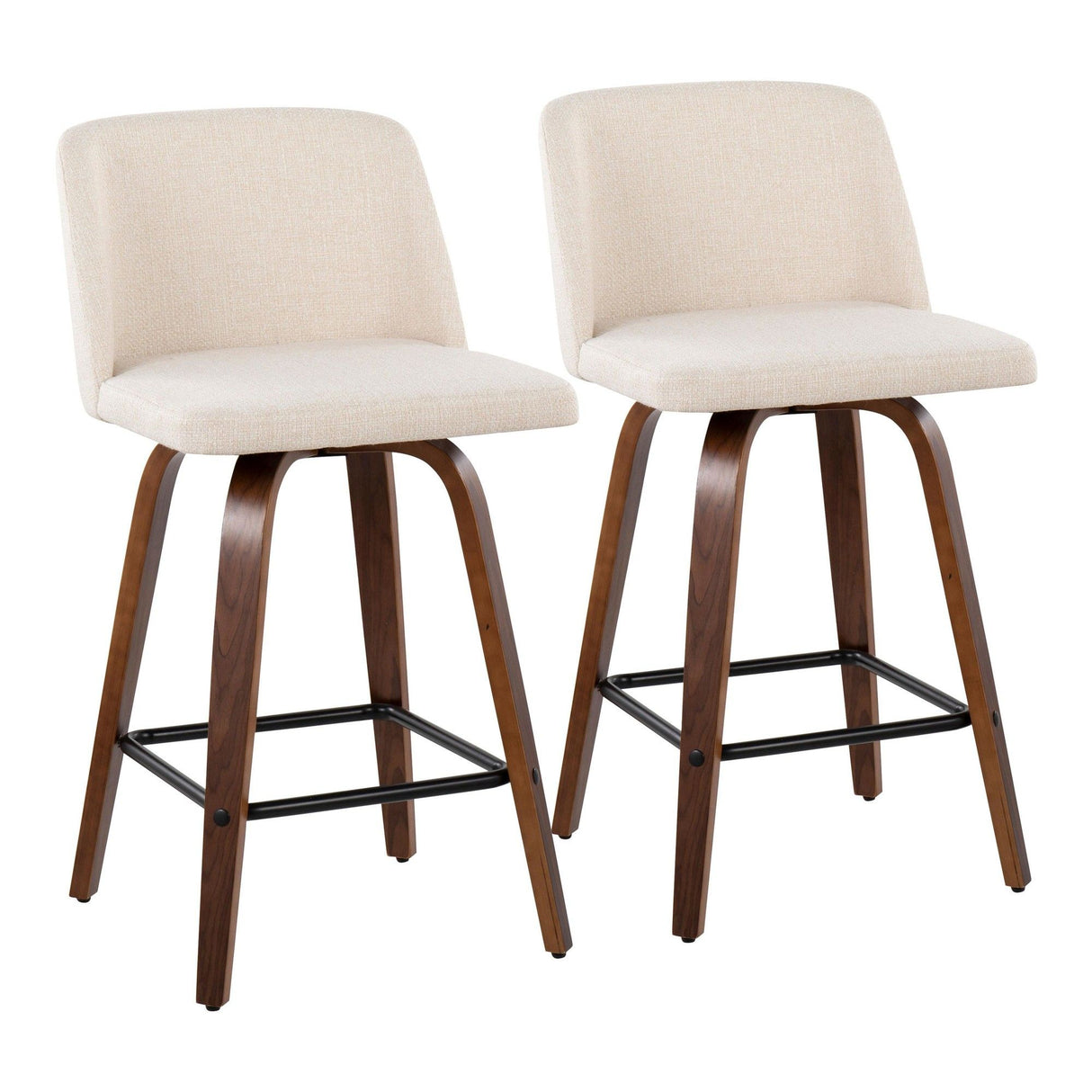 Toriano - Fixed - Height Counter Stool - Walnut Wood With Square Black Footrest And Cream Noise Fabric (Set of 2)