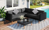 4 Pieces Outdoor Wicker Sofa Set, Patio Furniture With Colorful Pillows, L-Shape Sofa Set - Gray / Black