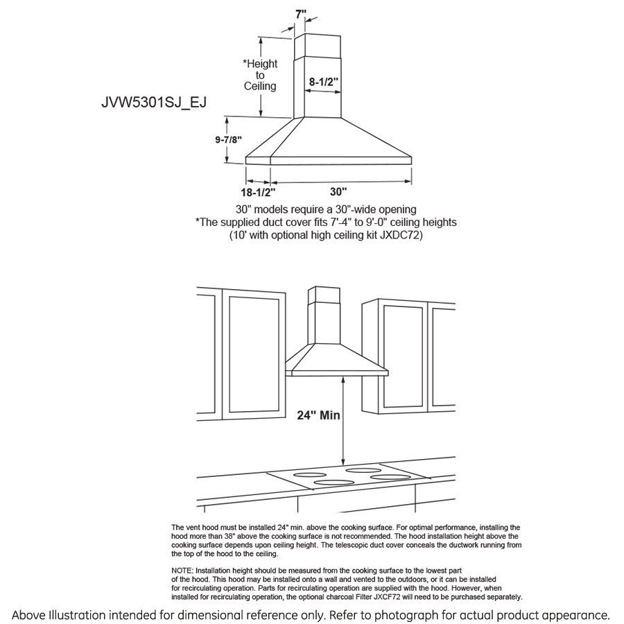 GE(R) 30" Wall-Mount Pyramid Chimney Hood - (JVW5301BJTS)