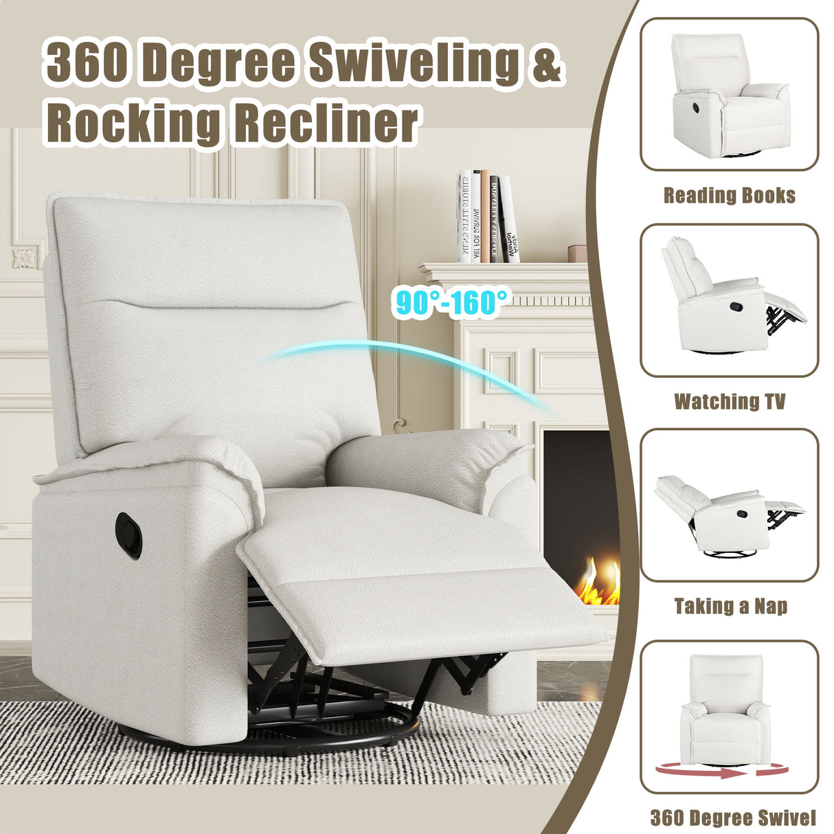 360° Swivel Upholstered Manual Recliner Chair Theater Recliner Sofa Nursery Glider Rocker For Living Room