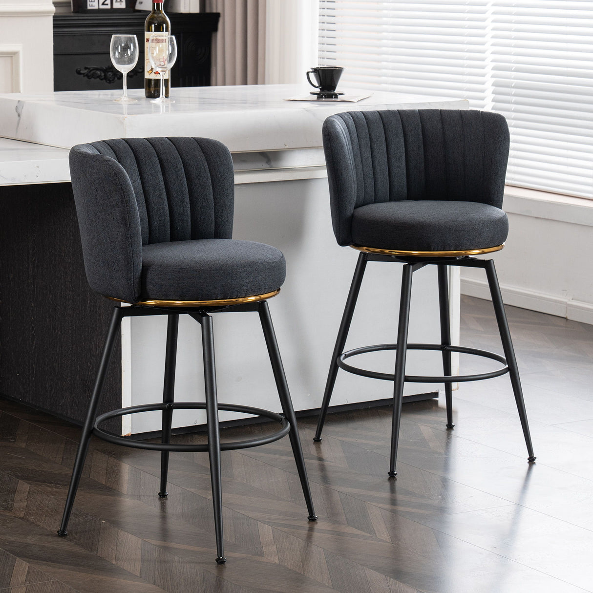 Swivel Bar Stools, High-Back, Adjustable, Upholstered With Elegant Metal Back Accents For Kitchen, Bar, Or Dining Room (Set of 2)