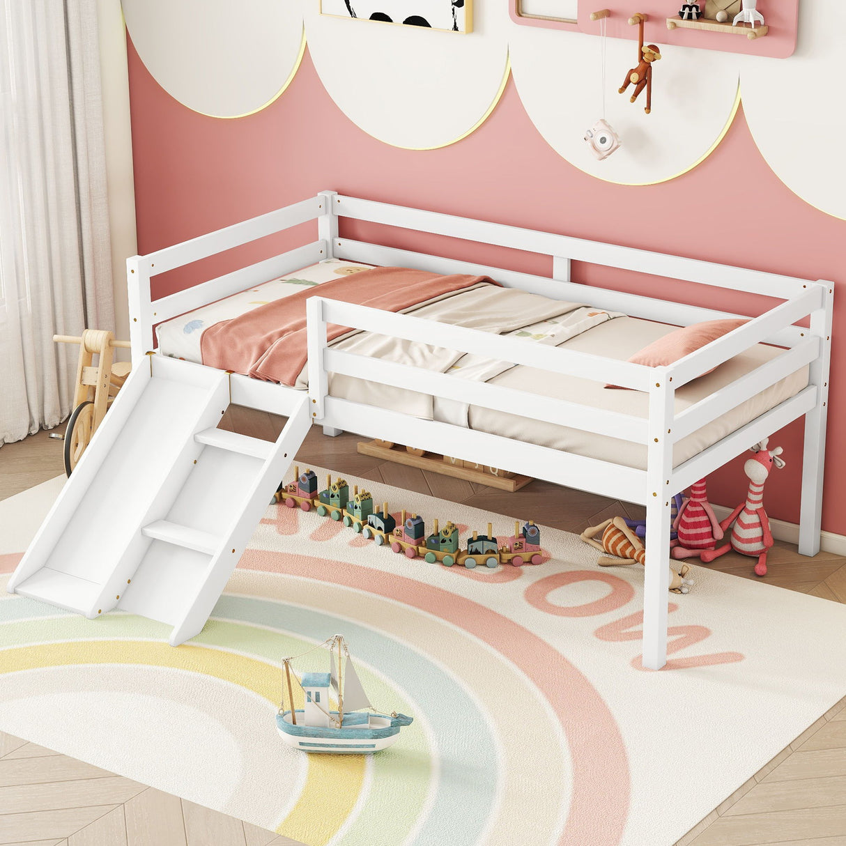 Low Loft Bed With Slide, Ladder, Safety Guardrails, No Box Spring Needed