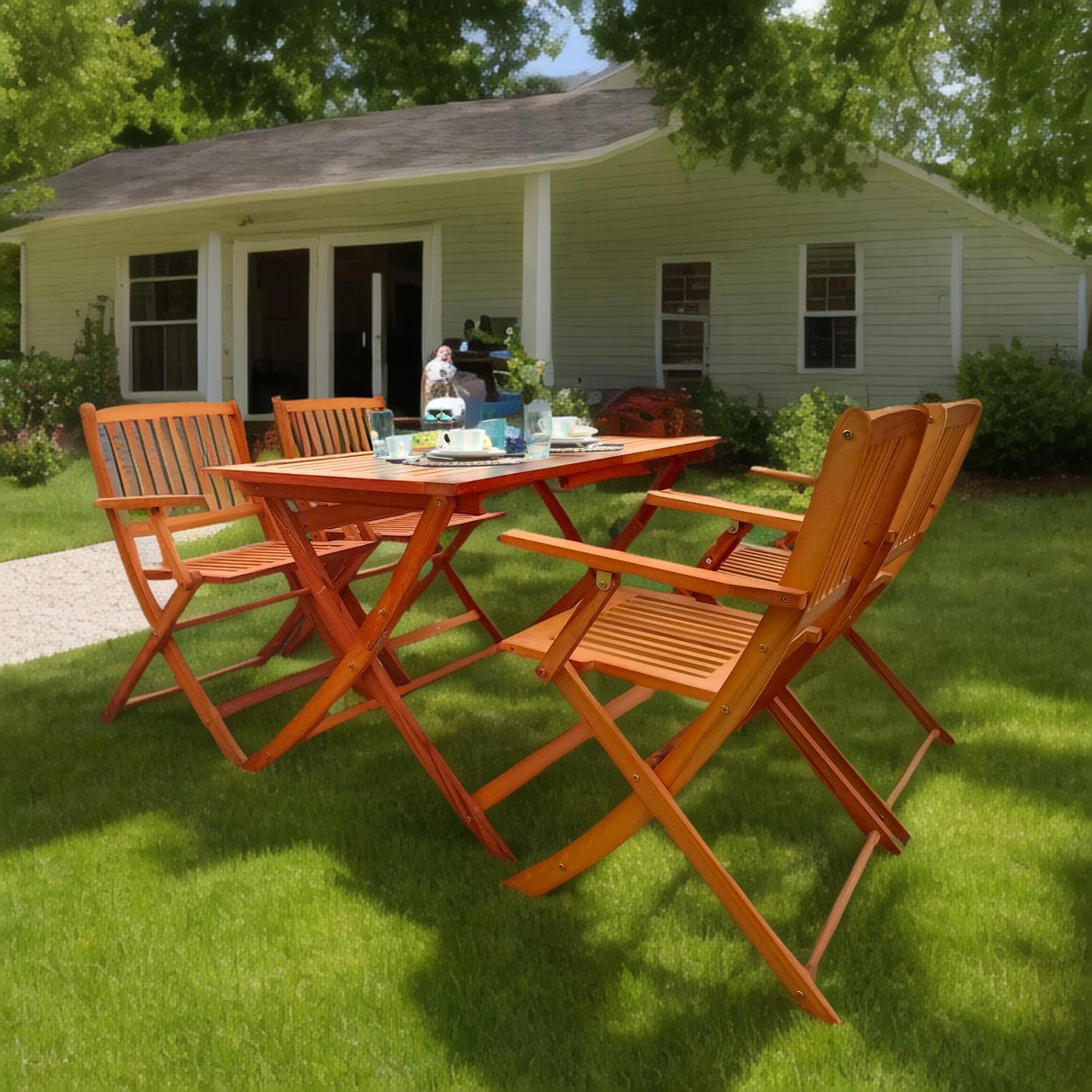 5 Piece Patio Dining Set, 4 Folding Chairs & 1 Dining Table, Indoor And Outdoor Universal - Teak