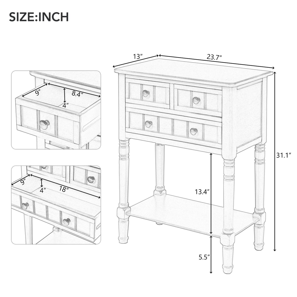 Narrow Console Table, Slim Sofa Table With Three Storage Drawers And Bottom Shelf