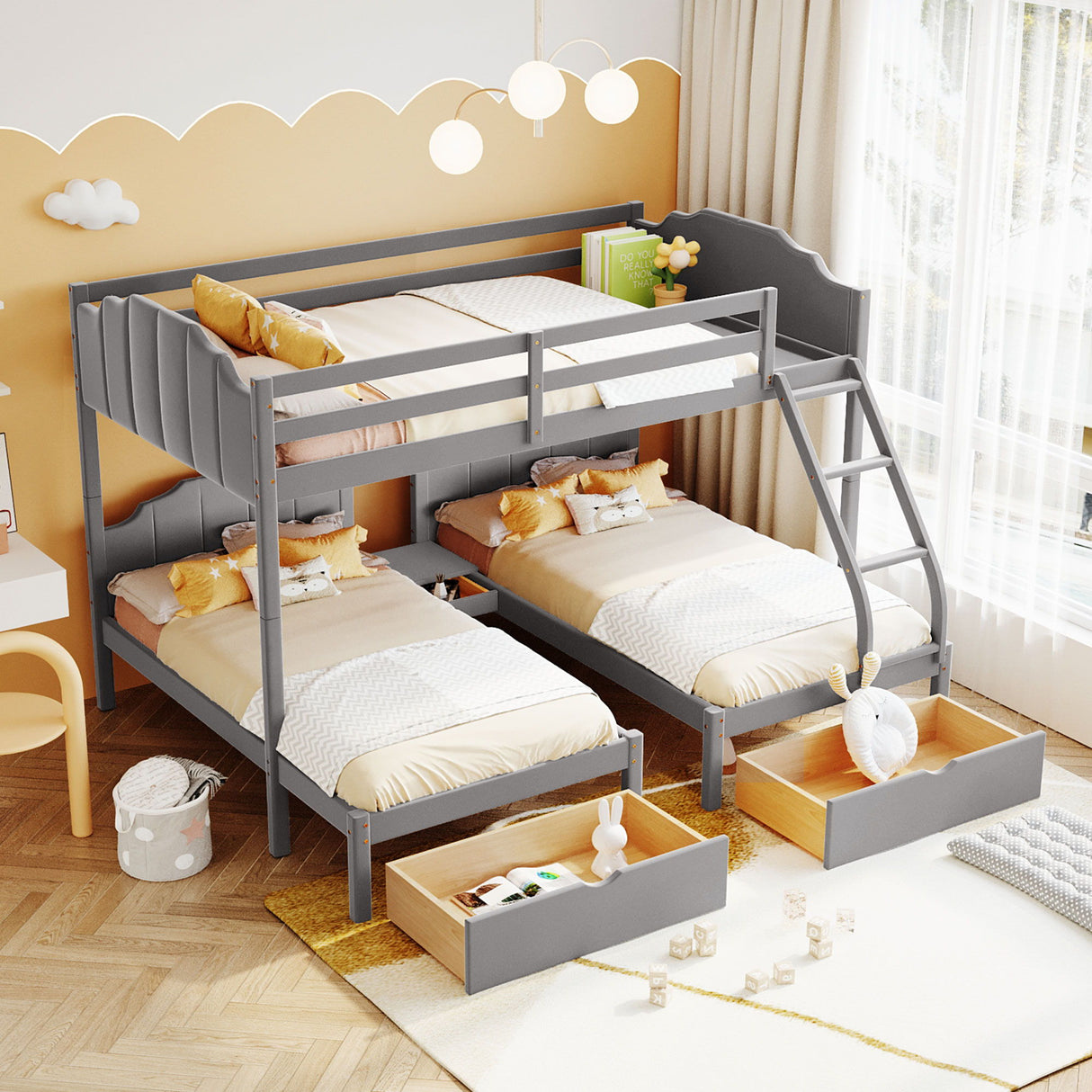 Full Over Twin & Twin Bunk Bed, Velvet Triple Bunk Bed With Drawers And Guardrails - Gray