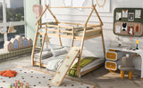 Twin Over Queen House Bunk Bed With Climbing Nets And Climbing Ramp