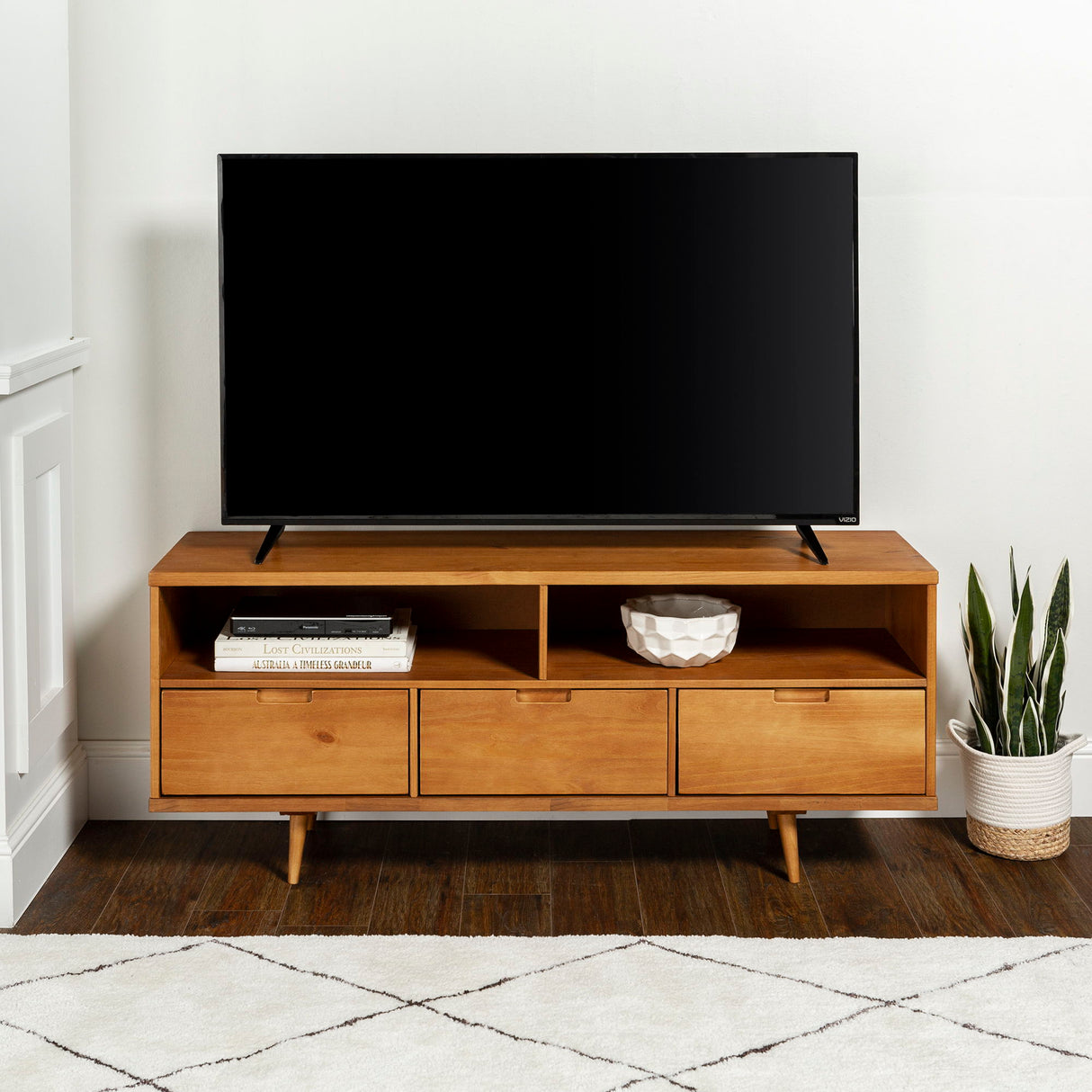 Mid-Century Modern Solid Wood 3 Drawer 58" TV Stand For 65" TVs With 2 Open Cubbies - Caramel