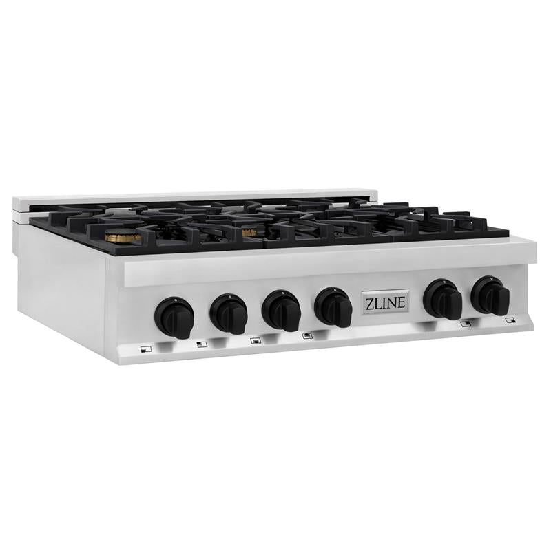 ZLINE Autograph Edition 36 in. Porcelain Rangetop with 6 Gas Burners in Stainless Steel with Accents (RTZ-36) [Color: Matte Black Accents] - (RTZ36MB)